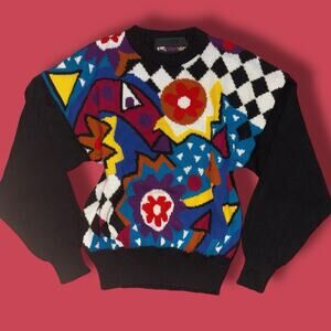Vintage Pedigree Sweater Small Abstract Graphic Colorblock Knit 80s 90s Style